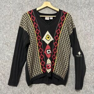Vintage Jean Bell V-Neck Geometric Grandma Knit Sweater Women S/P Black